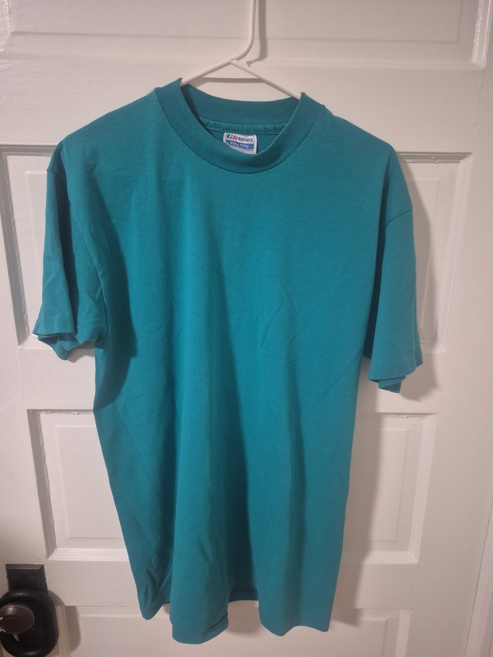Vintage Men’s Large 42-44 Blank Teal Hanes Fifty Fifty Single Stitch T-shirt